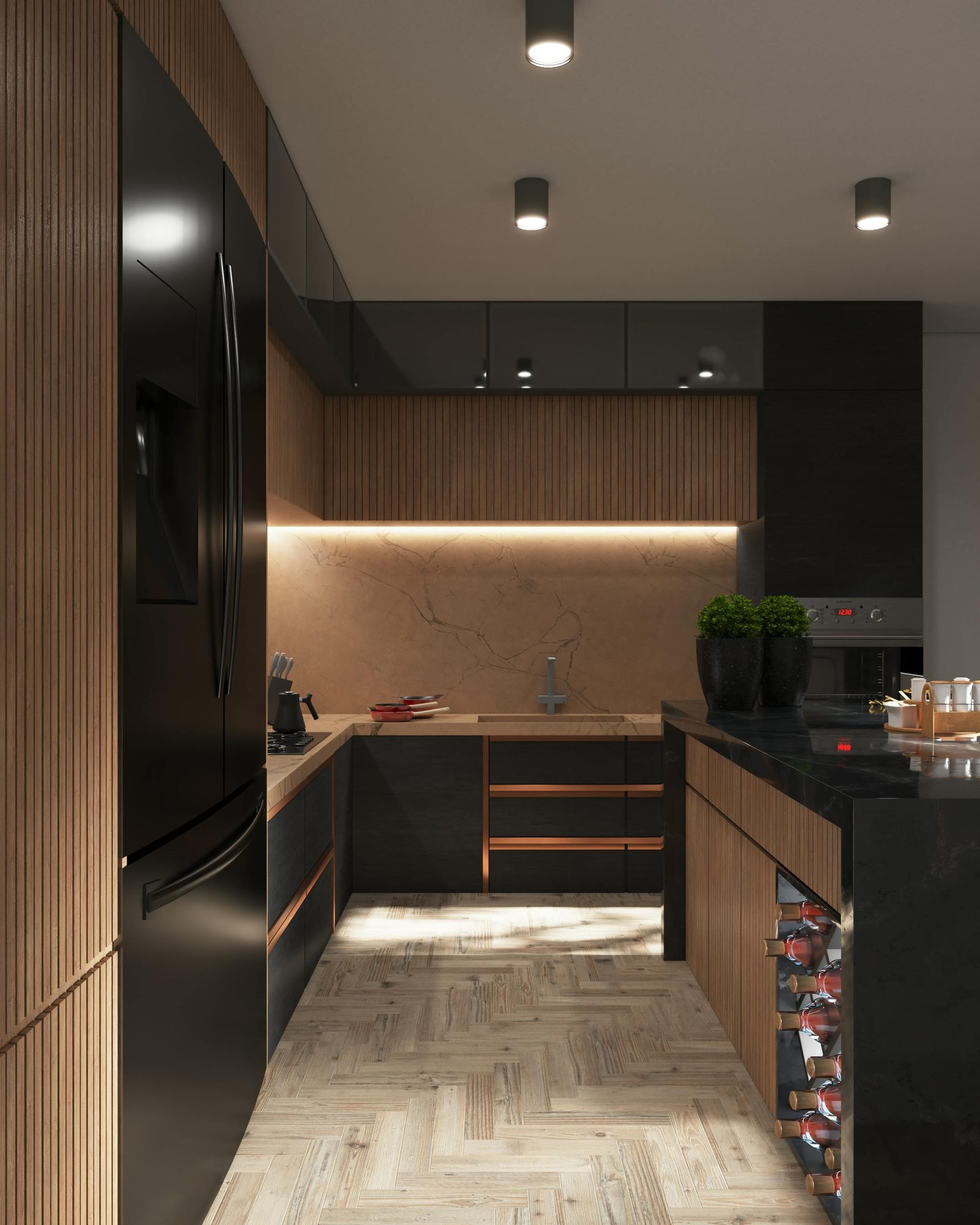 Black and timber galley kitchen with herringbone floor and integrated wine rack