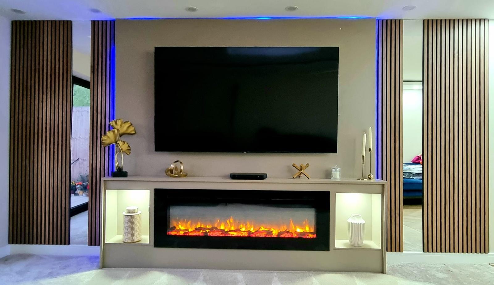 Media wall with linear electric fireplace and slatted timber panels